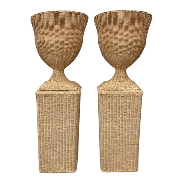 Pair of Monumental Woven Rattan Urns on Pedestals For Sale