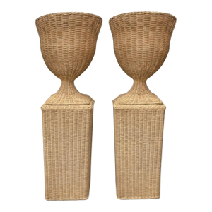 Pair of Monumental Woven Rattan Urns on Pedestals