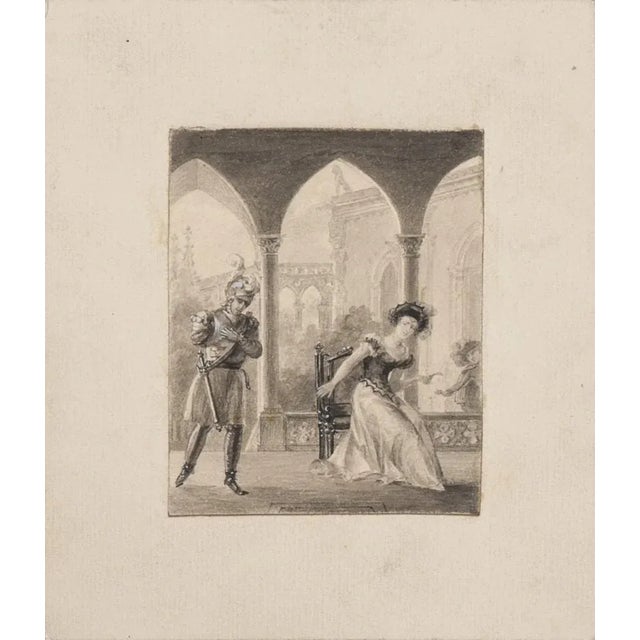 Gallant Scene'''' is an original pencil drawing on paper, glued on ivory-colorated cardboard by Anonymous Artist of XIX...