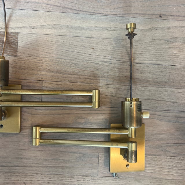 Vintage Hansen New York Unlacquered Brass Swing Arm Lamps- Pair For Sale - Image 9 of 9