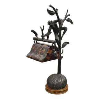 Late 20th Century Maitland Smith Figural Bronze Monkey Desk Table Lamp Adjustable Pen Shell Shade For Sale