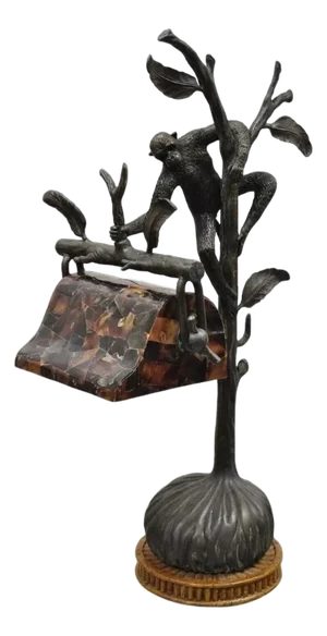 Late 20th Century Maitland Smith Figural Bronze Monkey Desk Table Lamp Adjustable Pen Shell Shade