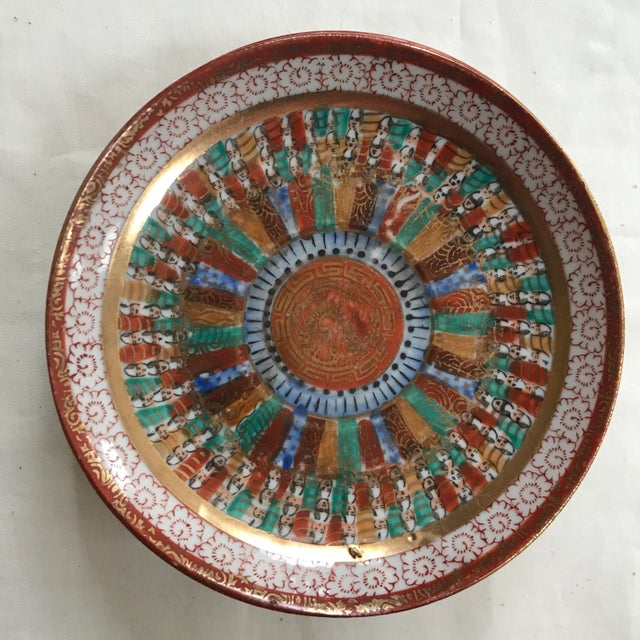 Ceramic Japanese Kutani ‘Thousand Faces’ Red Gold Porcelain Plates - Set of 4 For Sale - Image 7 of 8