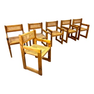 Vintage Scandinavian Brutalist Pinewood Chairs with Woven Cand, Set of 6 For Sale