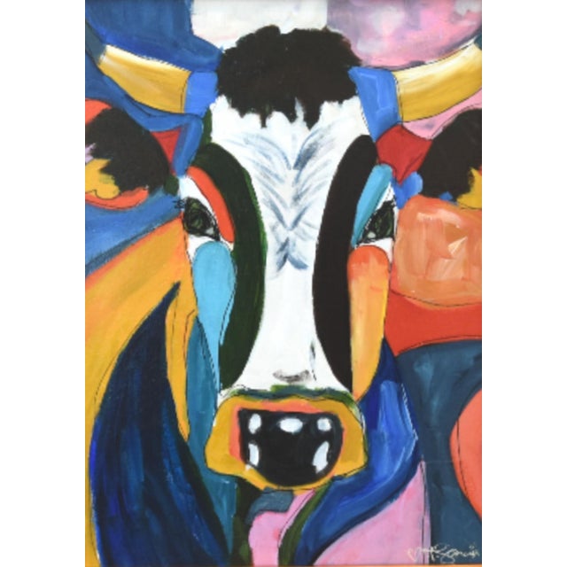 Abstract Bold Picasso Style Bull Cow Portrait Painting Including the Antiqued Gold Wood Frame For Sale - Image 3 of 5