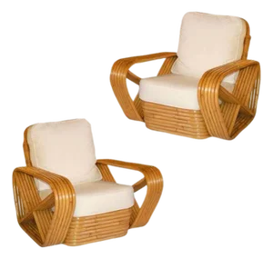 1940s Restored Art Deco Six Strand Square Pretzel Stacked Rattan Lounge Chair, Pair