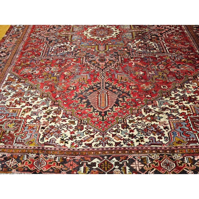 Vintage Persian Heriz Rug, Hand-Knotted Wool, Geometric Medallion Pattern, Red & Navy, 10x13 For Sale In Chicago - Image 6 of 11