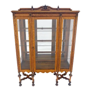 Light Oak Ball Feet Glass Doors Shelves China Curio Display Cabinet Brass Key