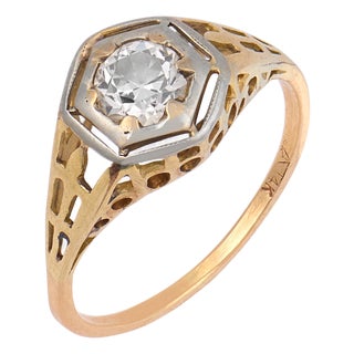 1930s Art Deco Diamond 14k Yellow Gold Two Tone Engagement Ring, Size 4.75 For Sale