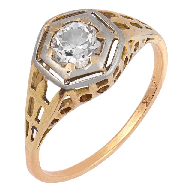 1930s Art Deco Diamond 14k Yellow Gold Two Tone Engagement Ring, Size 4.75 For Sale