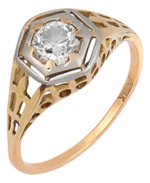 1930s Art Deco Diamond 14k Yellow Gold Two Tone Engagement Ring, Size 4.75