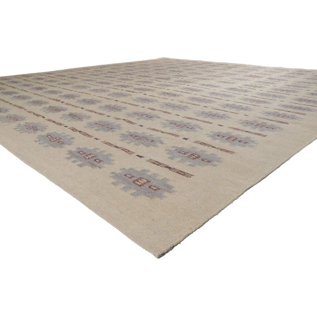 30791 Swedish Inspired Kilim Rug with Scandinavian Modern Style 14'05 x 15'00. With its geometric design and bohemian...