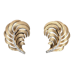 Vintage 1960 Signed Crown Trifari Goldtone Clear Rhinestone Feather Ad Piece Clip Earrings-2 Pieces