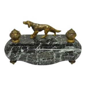 20th Century French Empire Figural Bronze & Marble Hunting Dog Desk Double Inkwell