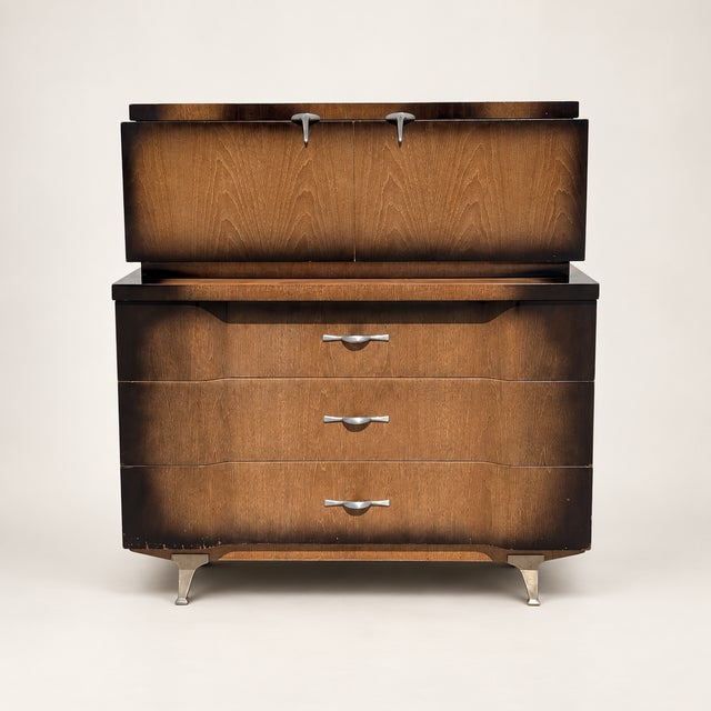 1950s Mid-Century Modern Tallboy Gentleman's Chest With Drop-Front Cabinet For Sale - Image 4 of 18