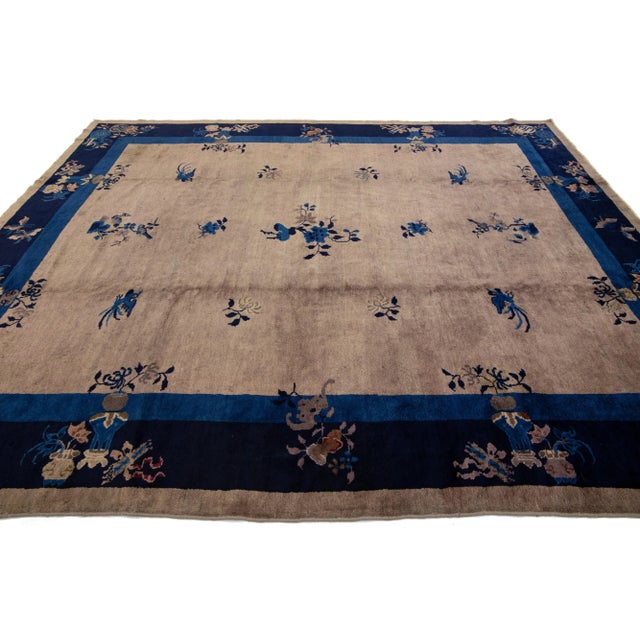 2020s Art Deco Chinese Floral Designed Wool Rug Antique Handmade in Light Brown For Sale - Image 5 of 10