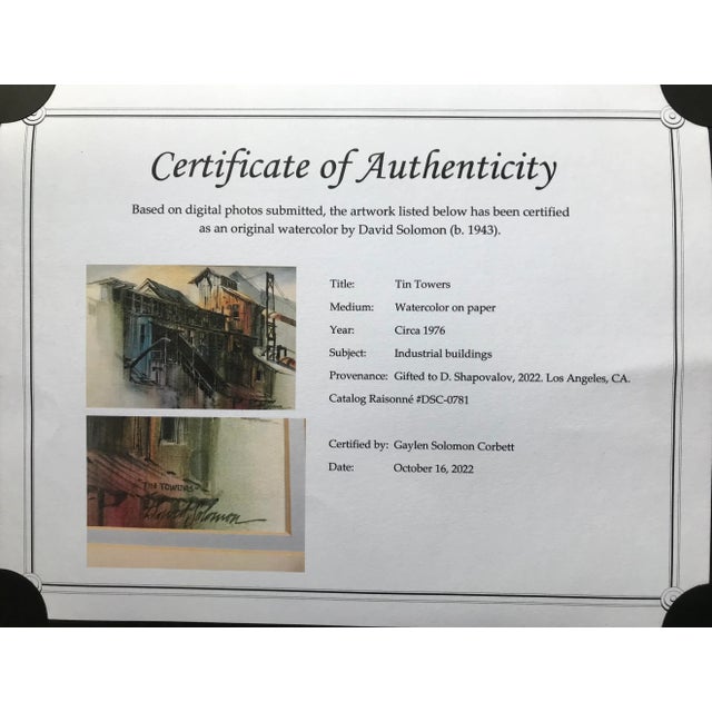 1970's Watercolor Painting by American Listed Artist David Solomon "Tin Towers" With Certificate of Authenticity For Sale - Image 10 of 10