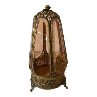 Vintage Hollywood Regency Amber Glass Hexagon Jewelry Casket Display For Sale