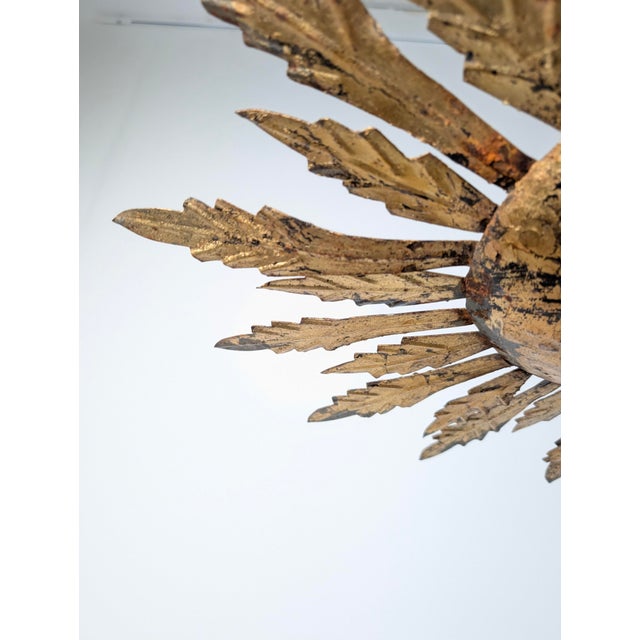 Mid-Century Gilt Metal Sunburst Flush Mount with Leaf Rays, 1950s For Sale - Image 6 of 10