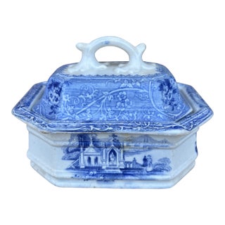 A Rare Antique Ironstone Blue Transfer Decorated Covered Soap Dish With Insert, Circa 1850’s For Sale