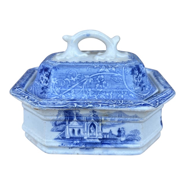 A Rare Antique Ironstone Blue Transfer Decorated Covered Soap Dish With Insert, Circa 1850’s For Sale