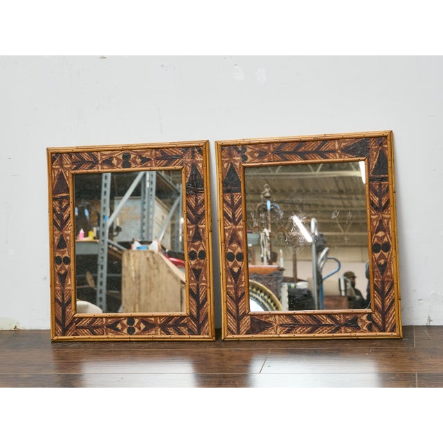 Early 20th Century Pair of Painted Wood Mirrors with Bamboo Frames and Tribal Motif Detailing For Sale - Image 5 of 12