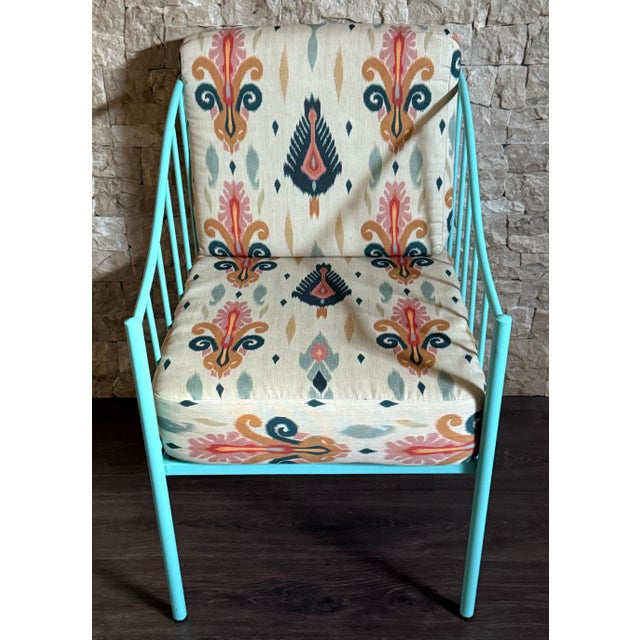 Pair of Wrought Iron Turquoise Lounge Chairs with Outdoor Geometrical Fabric For Sale - Image 13 of 18