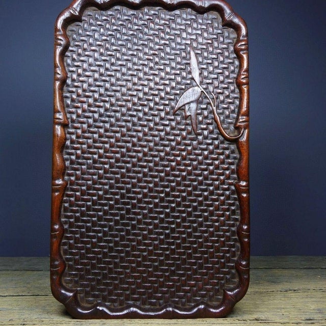 Brown Vintage Rosewood Tea Tray - Carved Woven & Bamboo Motif For Sale - Image 8 of 9