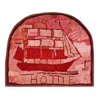 1890s Red Rose Nautical Scene Antique American Hooked Rug 2'3" X 2'8" Handknotted Wool Carpet For Sale