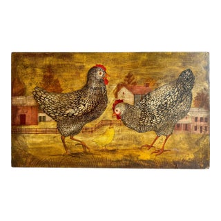 American Folk Art paintings of Chickens in Farm Landscape, signed 'Horiz' For Sale
