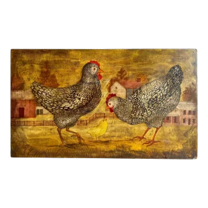 American Folk Art paintings of Chickens in Farm Landscape, signed 'Horiz'