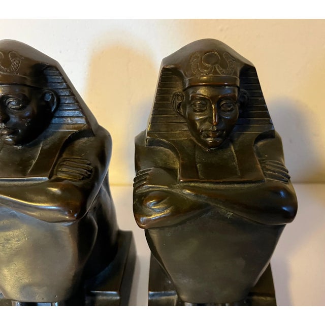 1920s Art Deco Egyptian Revival Bronze Figures of Pharaoh Bookends - a Pair For Sale - Image 4 of 13