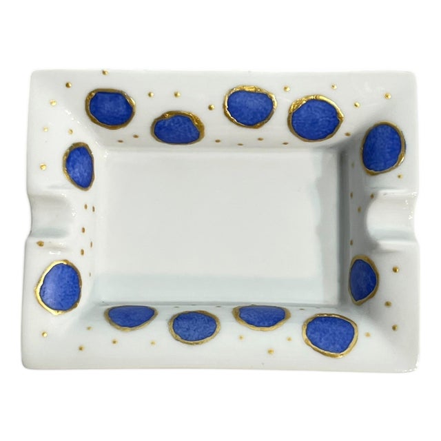 Vintage French Blue Polka Dot Ceramic Ashtray Catchall For Sale