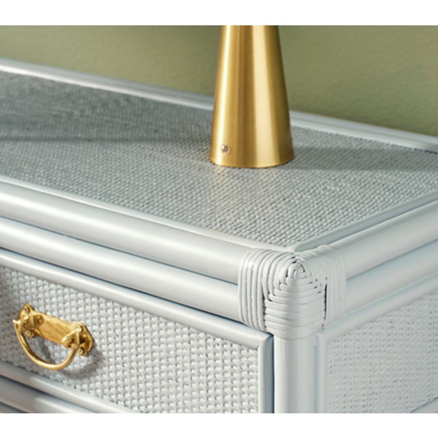 Wood Matthew Izzo Home Gideon Light Blue Painted Rattan Two Drawer Console With Decorative Back and Polished Brass Hardware For Sale - Image 7 of 10