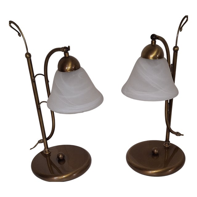 Vintage Italian Table Lamps with Brass Frames and Murano Glass Shades, 1980s, Set of 2 For Sale