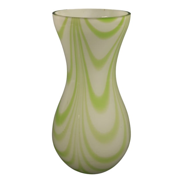 Murano Glass Vase with Opaline White and Green Festoon Design from Carlo Moretti, 1970s For Sale