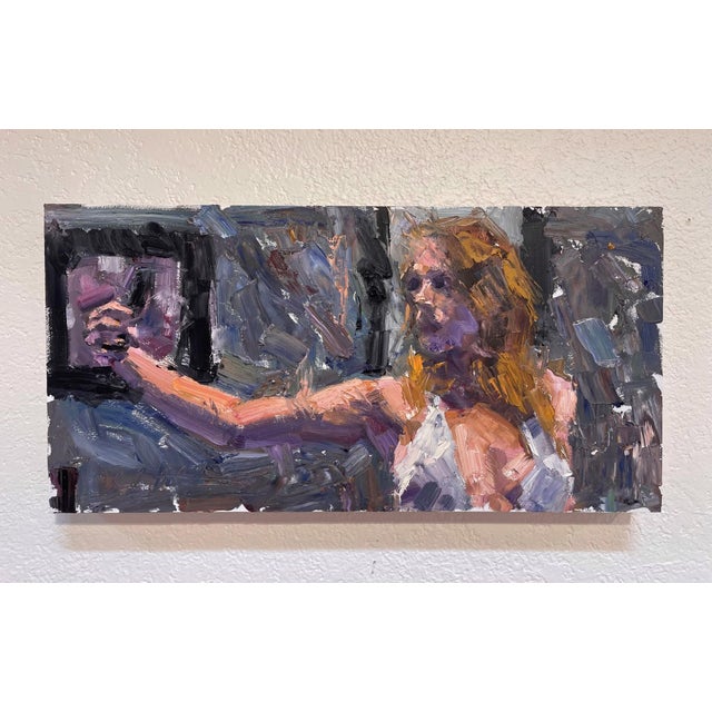The painting captures a figure reaching out, her expression a blend of contemplation and connection, as she engages with...