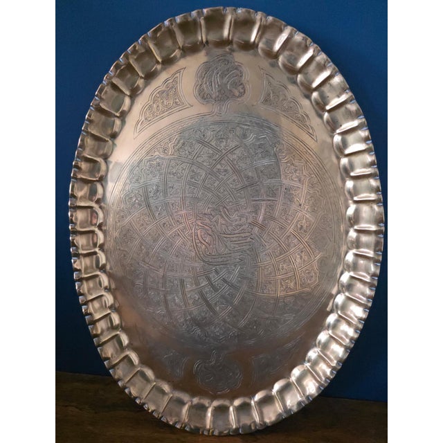 Metal Large Vintage Islamic Hand Engraved Brass Tray With Arabic Calligraphy For Sale - Image 7 of 18