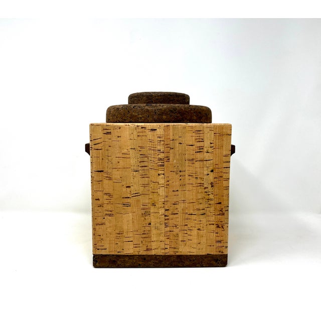 Portuguese Midcentury lidded cube-shape ice bucket formed from cork with round cork lid and plastic insert. In the style...