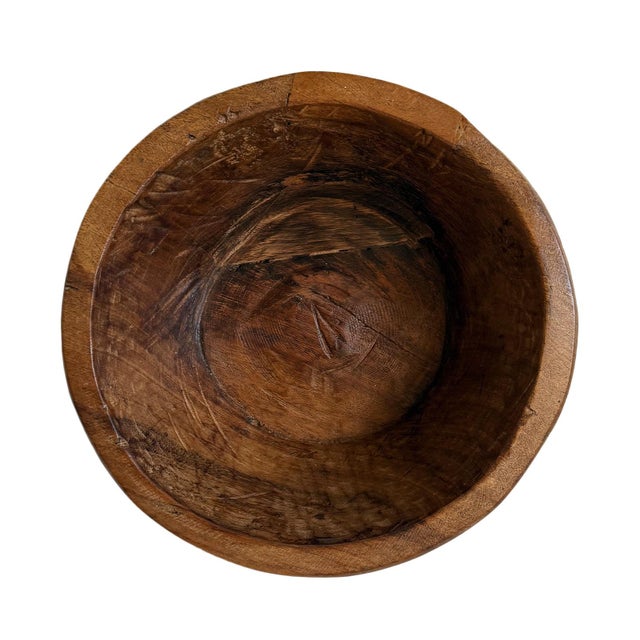 Vintage teak wood bowl from African. Rustic warm brown finish and aged patina / textures.