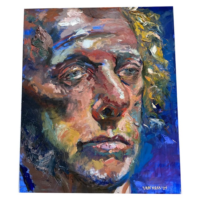 Royal Blue "Portrait of a Man", Original Oil Painting, Abstract Portrait Painting For Sale - Image 8 of 8