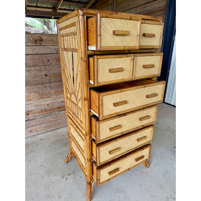 Vintage Rising Sun Rattan & Woven Lingerie Chest – Seven Drawer Tall Chest For Sale In Naples, FL - Image 6 of 12