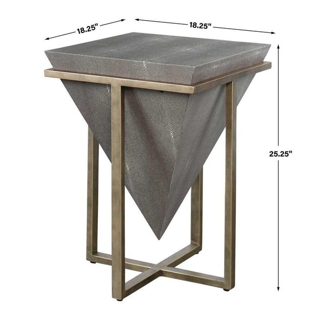 This upside down geometric "pyramid" is finished in a rich mushroom gray faux shagreen, nestled into an iron base finished...
