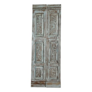 Antique Carved Floral Barn Door – Rustic Blue Statement Pantry Doors 80x28 For Sale
