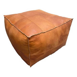 Square Leather Pouf With Piped Edges For Sale