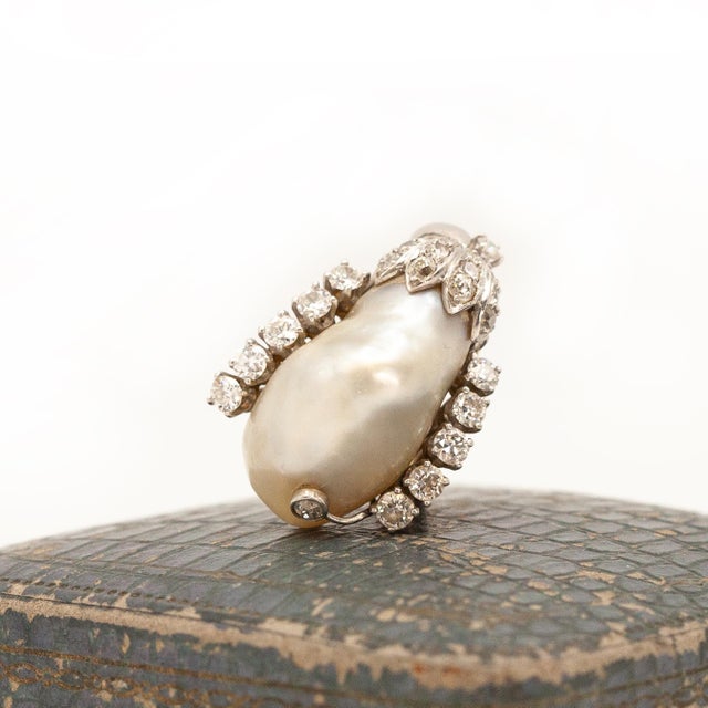 Mid 20th Century 18k Yellow Gold and White Gold Gia Certified Natural Pearl Diamond Ring, Size 6.5 For Sale - Image 11 of 11