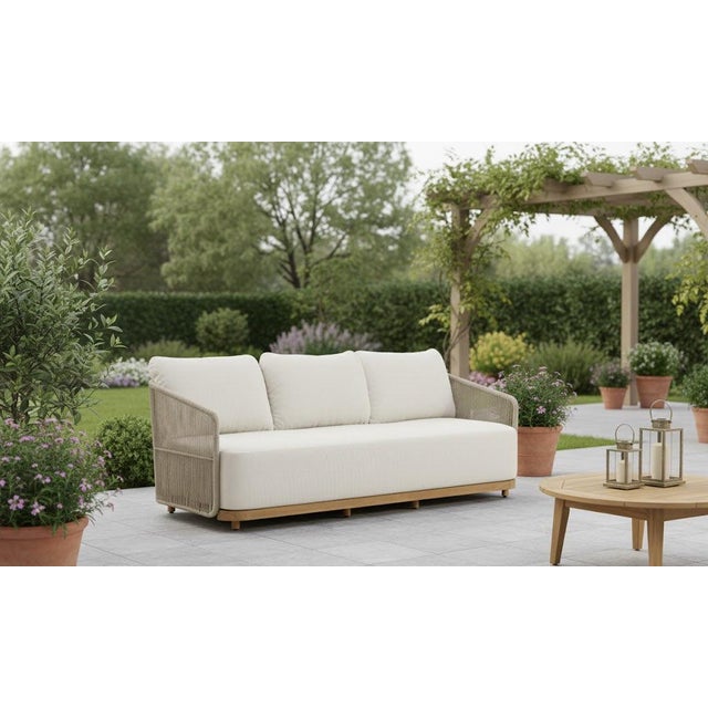Modern Alpine Teak Wood Outdoor Sofa With Biege Rope Design For Sale - Image 3 of 12