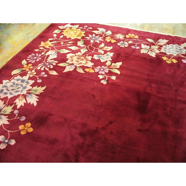 1930s Red Ruby Floral Modern Antique Chinese Art Deco Hand Knotted Wool Rug 10'x 13' 8" Carpet For Sale - Image 4 of 6