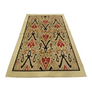 Ikat Rug 6’1” X 8’10” Blue Wool Hand-Knotted Oriental Carpet For Sale