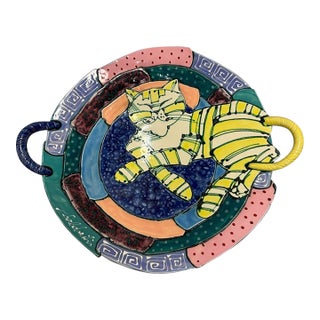 1990s Cubist Cat Handmade Ceramic Platter by Juozas & Rasa Saldaitis For Sale